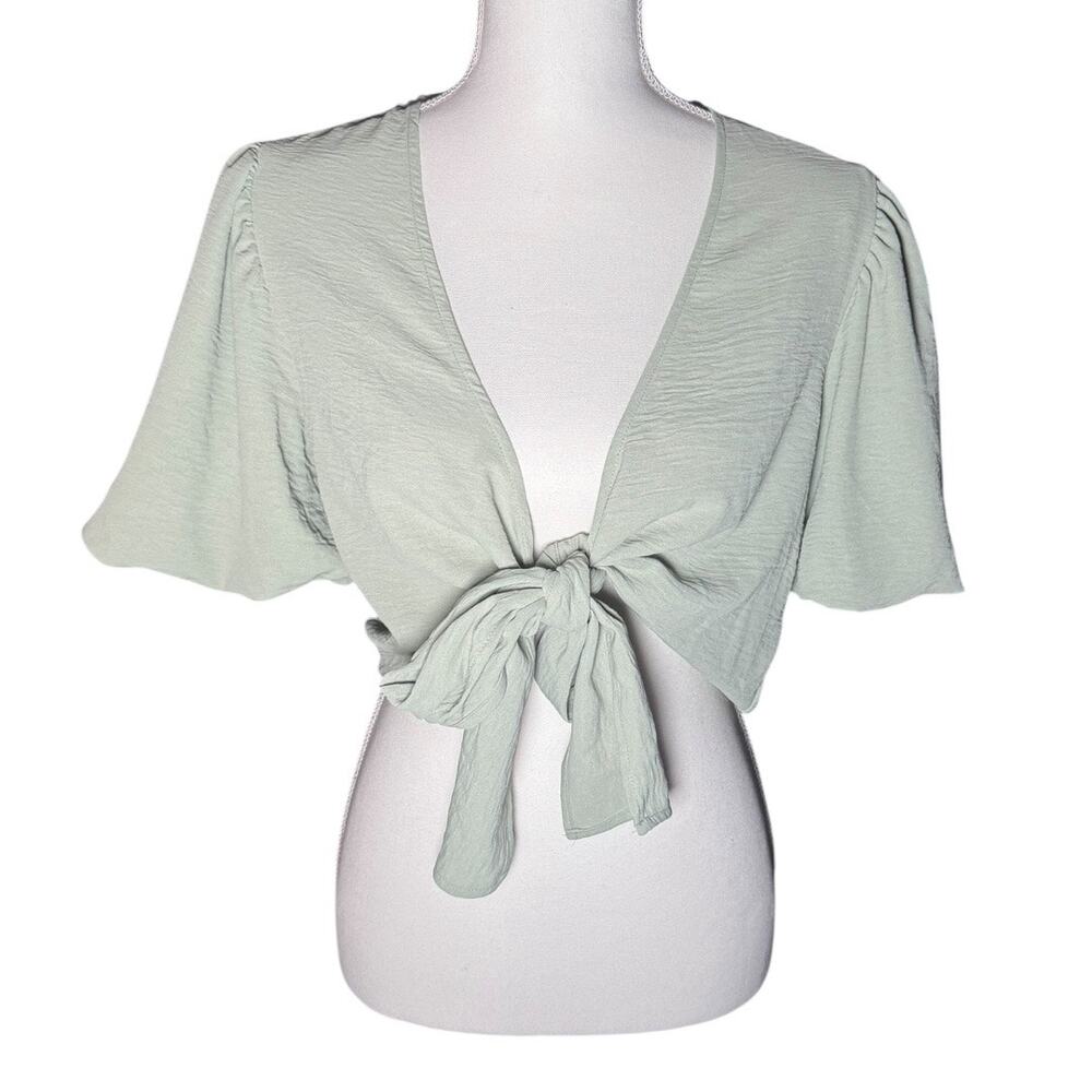 Altar'd State Sage Green Cropped Wrap Blouse with Bubble Sleeves - Size Small